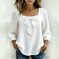 thumbnail image 2 of Linen Tops for Women Bow Tie Front Neck 3/4 Puff Sleeve Casual Blouse Loose Fit Soft Summer Daily Tops by Yigetop White M, 2 of 6