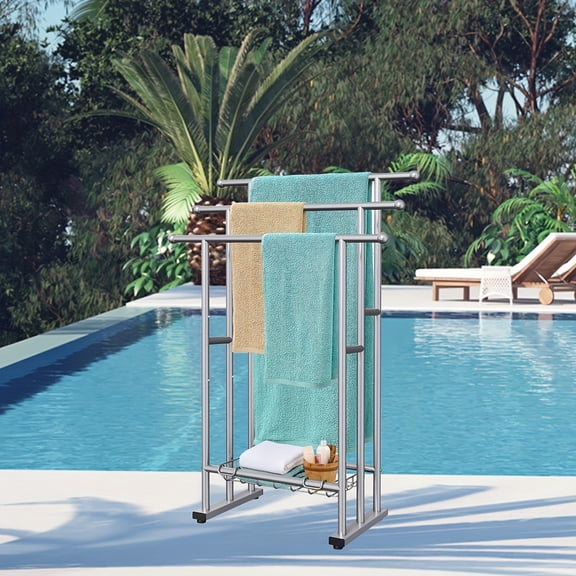 40" Tall Freestanding Towel Rack - 3 Tier Floor Rack with Storage Basket - Blanket Ladder Drying & Display Rack for Bath/Hand Towels - For Bathroom, Bedroom, Gym, Poolside (Silver)