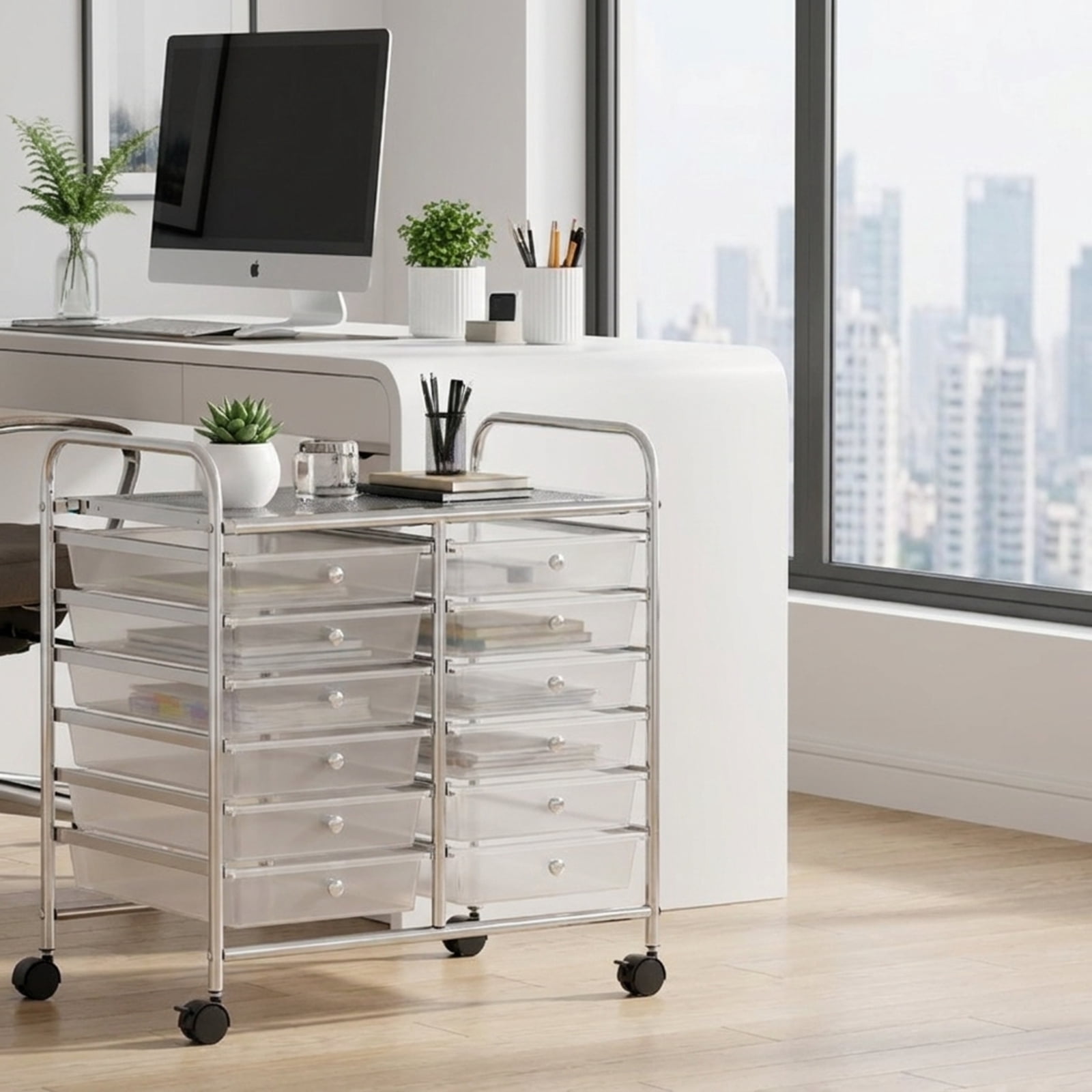 Furnibear 9-Drawer Rolling Storage Cart with Colorful Drawers and Metal Frame Multi Organizer for Home Office Craft Room Classroom, Transparent