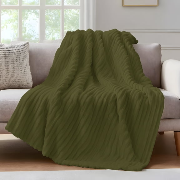 Olive Green Throw Blanket for Couch Solid Color Soft and Warm Flannel 3D Striped Fluffy Fuzzy Fleece Blanket Lightweight Throw for Bed, Sofa 40 x 60 Inches