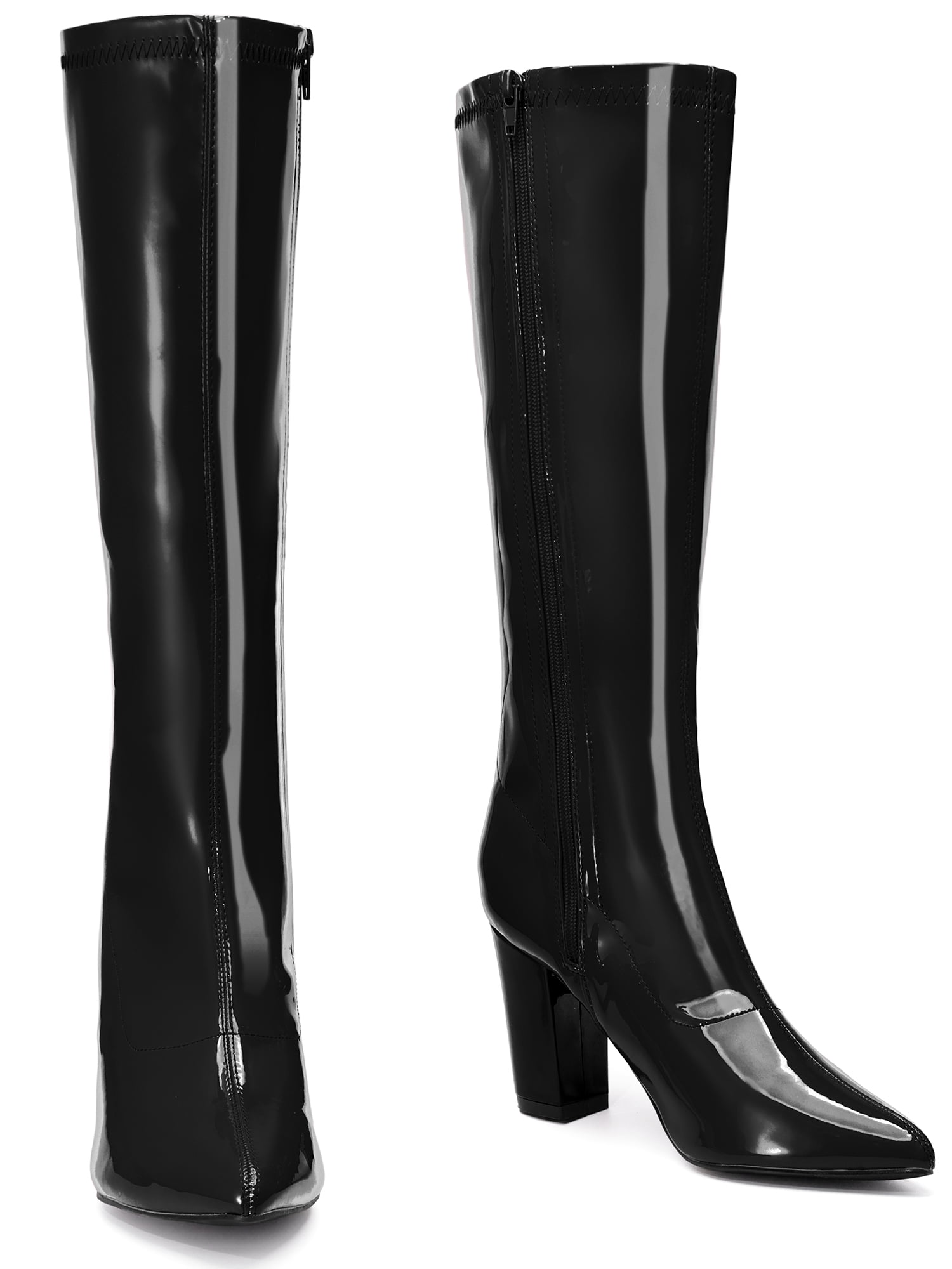 DARING DIVA Women's Go Go Boot Patent Leather Chunky Heels Knee High Boots Black 6