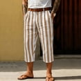 thumbnail image 4 of Favoffer Men Linen Cropped Pants Vertical Stripe Pattern Elastic Waist Waistband Button Fly Closure Side Pockets Capri Pants for Daily Walking Casual Outdoor, 4 of 9