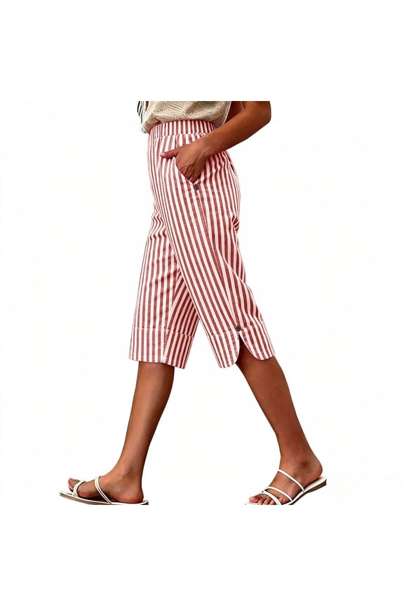 Women's Striped Bermuda Shorts Summer Elastic Waist Knee Length Shorts Casual Side Split Capri with Pockets