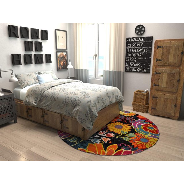 Unique Loom Lyon Collection Colorful Modern Floral Garden Area Rug, Round 6' 1" x 6' 1", Black/Green