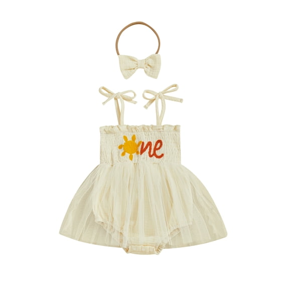 BemeyourBBs Newborn Baby Girl First Birthday Outfit 1st Birthday Summer Clothes Smocked Romper Dress Strap Tie-Up Sleeveless Embroidery Sun Letters Tulle Tutu Dress with Headband