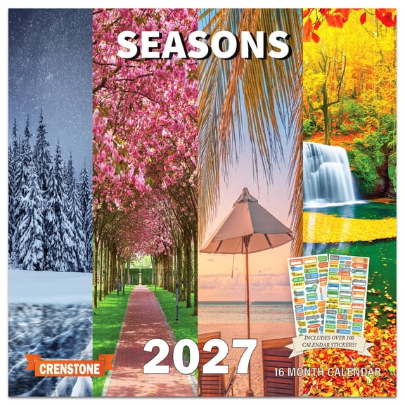 Four Seasons Calendar 2027 - 16 Month Changing Seasons 2027 Monthly Wall Calendar with 100 Reminder Stickers | 12" x 24" Open | White Elephant Giftable | Thick & Sturdy Paper