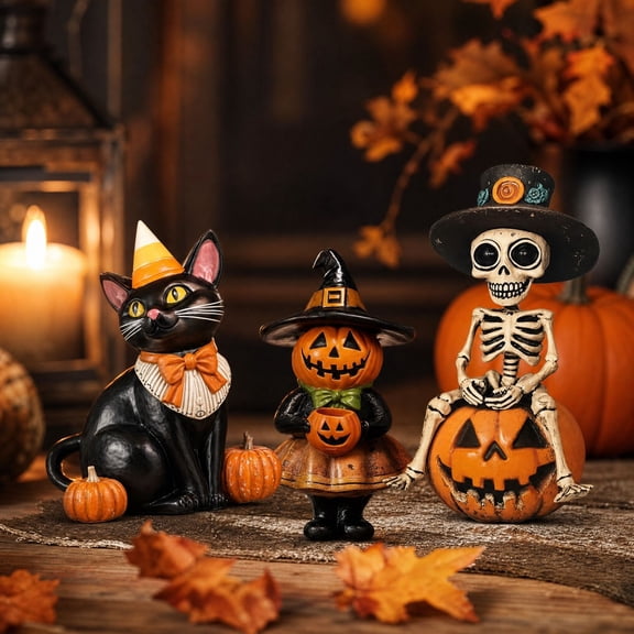 3 Pack, Vintage Halloween Decorations 5 Inch Halloween Pumpkin Decor Witch Halloween Decor Black Cat Halloween Decor Spooky Halloween Figurines for Home Party Shelf Mantel Fall