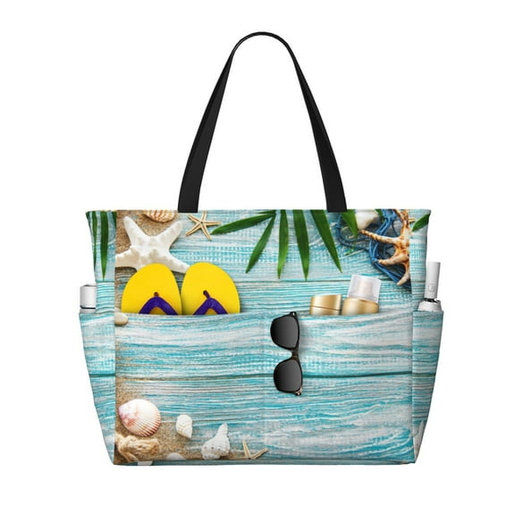 Large Beach Bags Water-resistant Sandproof - Seashells on Sand Cute Beach Tote Bags for Women with Zipper