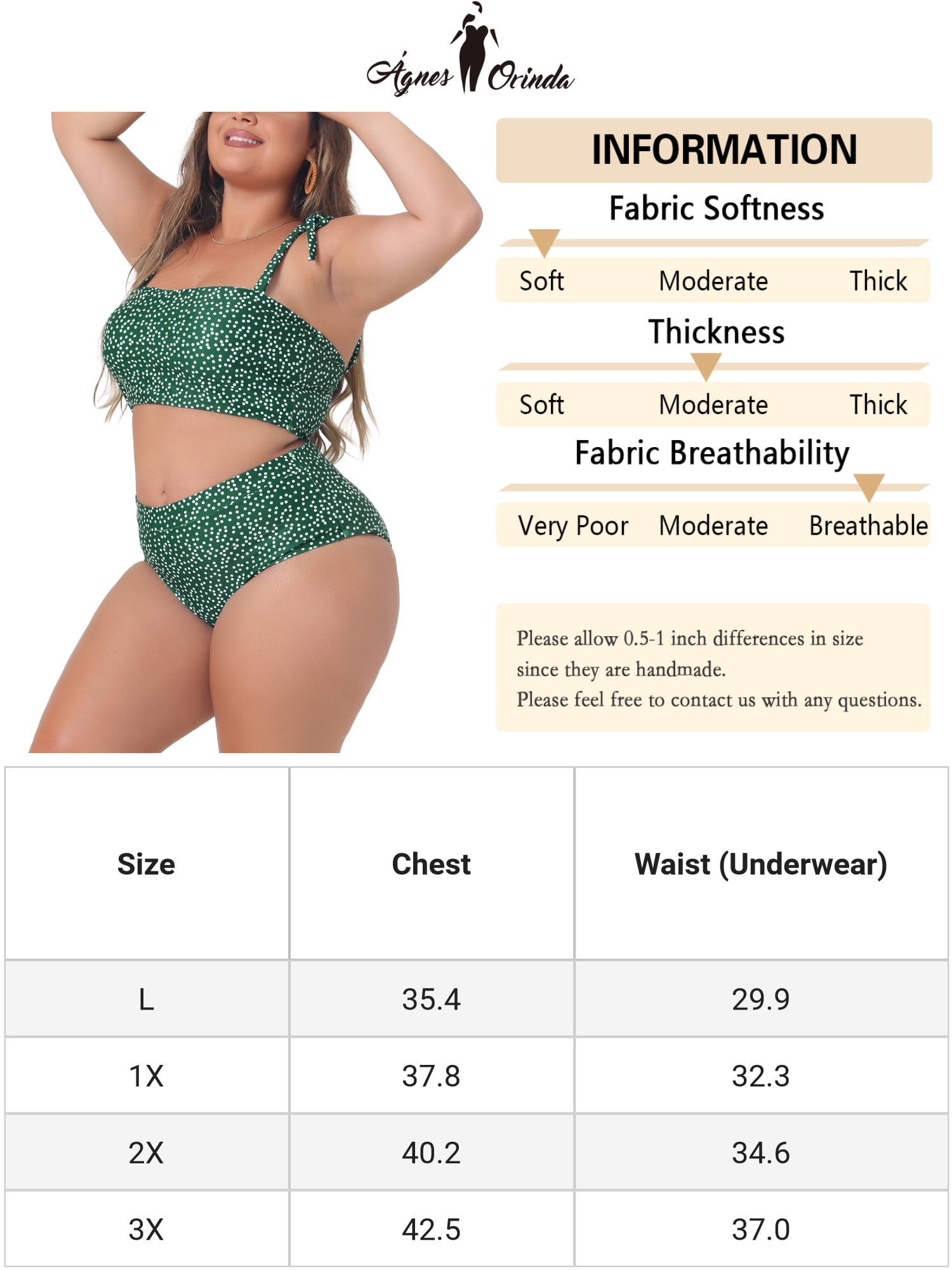 DARING DIVA Women's Plus 2pcs Polka Dots Bikini Bandeau Suits 1X Dark Green