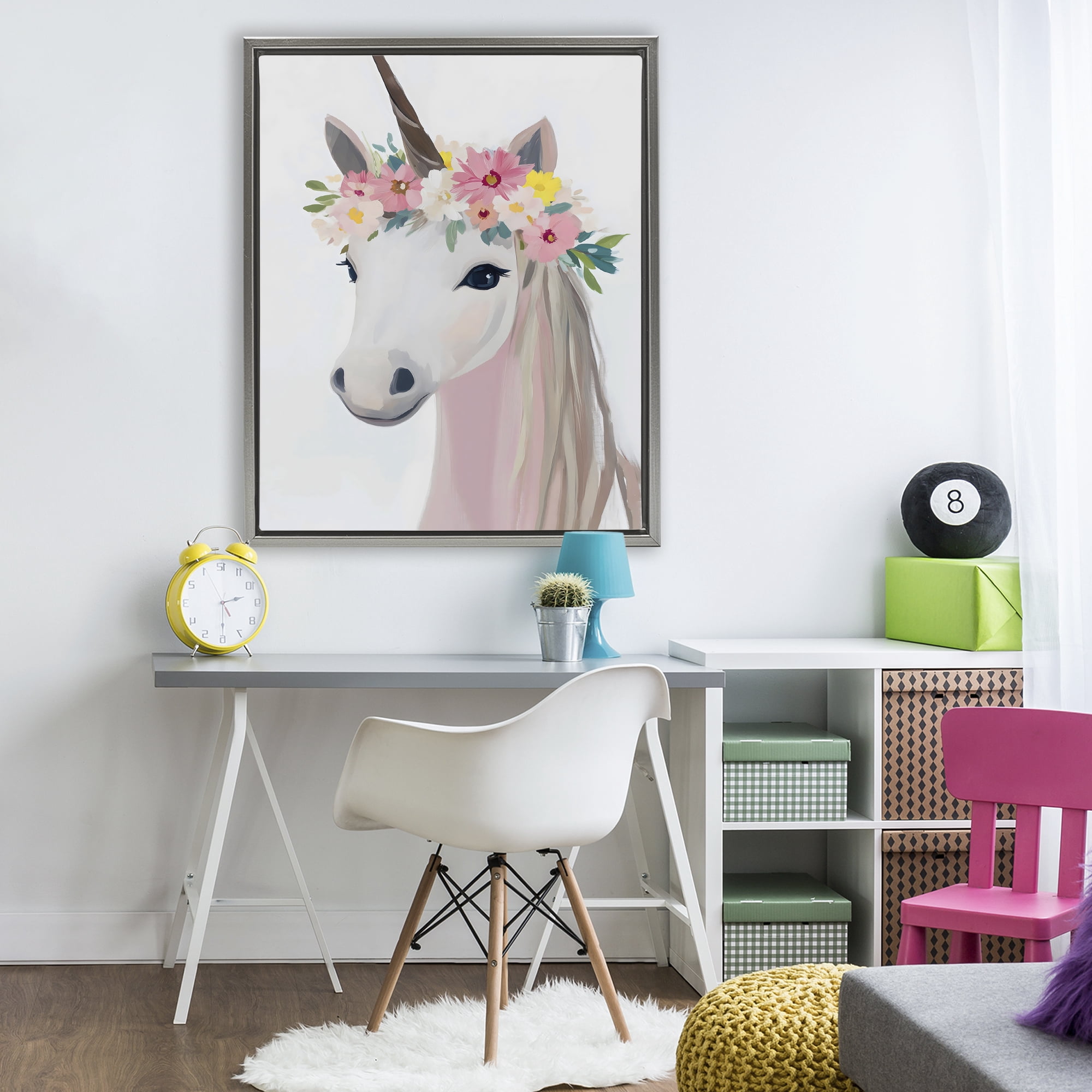 Stupell Industries Flower Crown Unicorn Gray Framed Floater Canvas Wall Art, design by The Prints Vibe