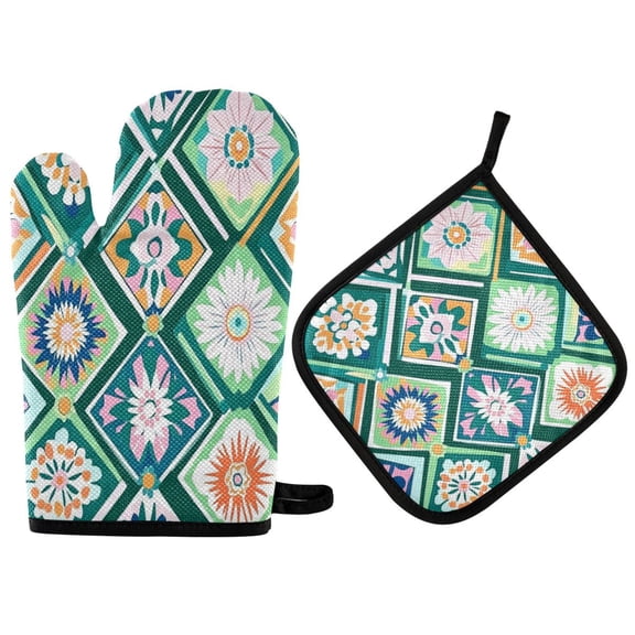 Yayeee Oven Mitts and Pot Holder Set of 2 Heat Resistant Kitchen Gloves Baking Hot Pad, Green Geometric Flowers