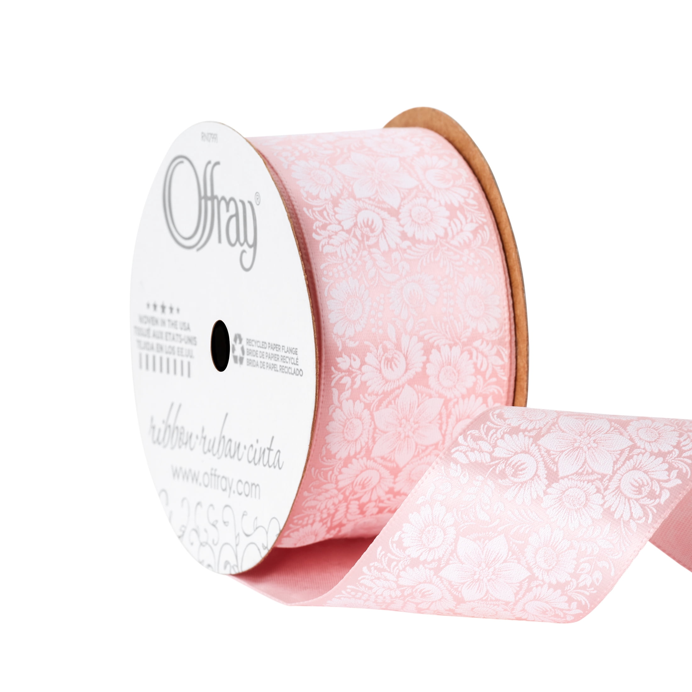 (3 pack) Offray Ribbon, Light Pink 1 1/2 inch Floral Satin Ribbon, 9 feet