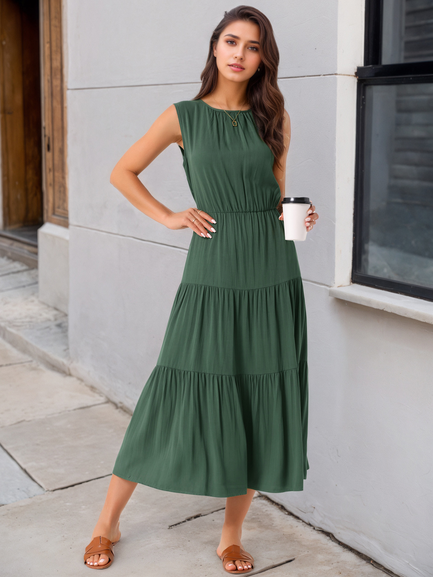 DARING DIVA Sleeveless Crewneck Tiered Casual Midi Dress M Army Green