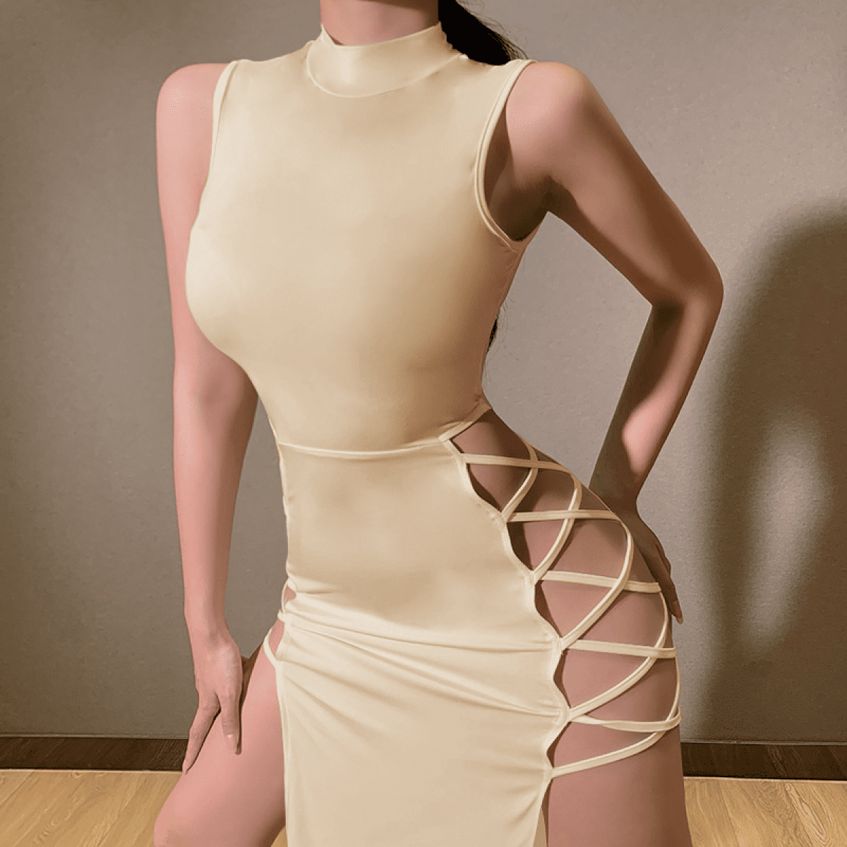 Women's Solid Sleeveless Mock Neck Dress, Sexy High Split Cut Out Side Lace  Up Bodycon Dress, Party Club Dresses black XL - Walmart.ca