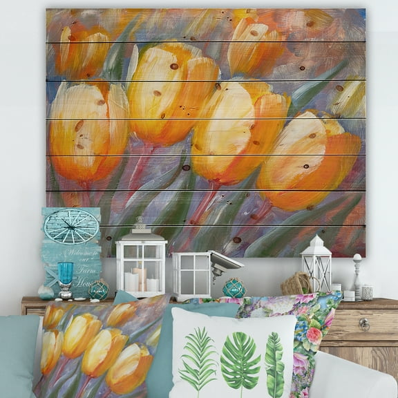 Designart 'Abstract Yellow Blooming Tulips' Traditional Print on Natural Pine Wood