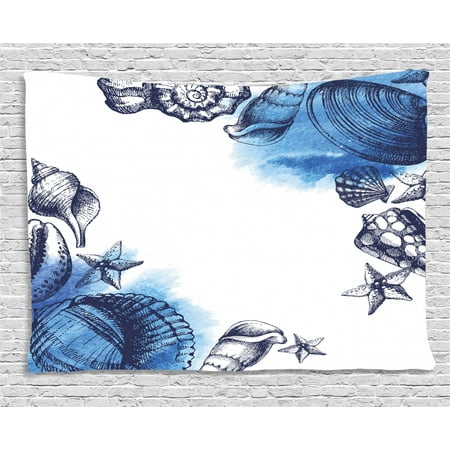 Navy Blue And White Decor Ocean Decor Tapestry, Sealife Sea Shells and Sand Stones Deep Water Star Fish with Quote, Wall Hanging for Bedroom Living Room Dorm Decor, 60W X 40L Inches, Navy Blue and White, by Ambesonne ()