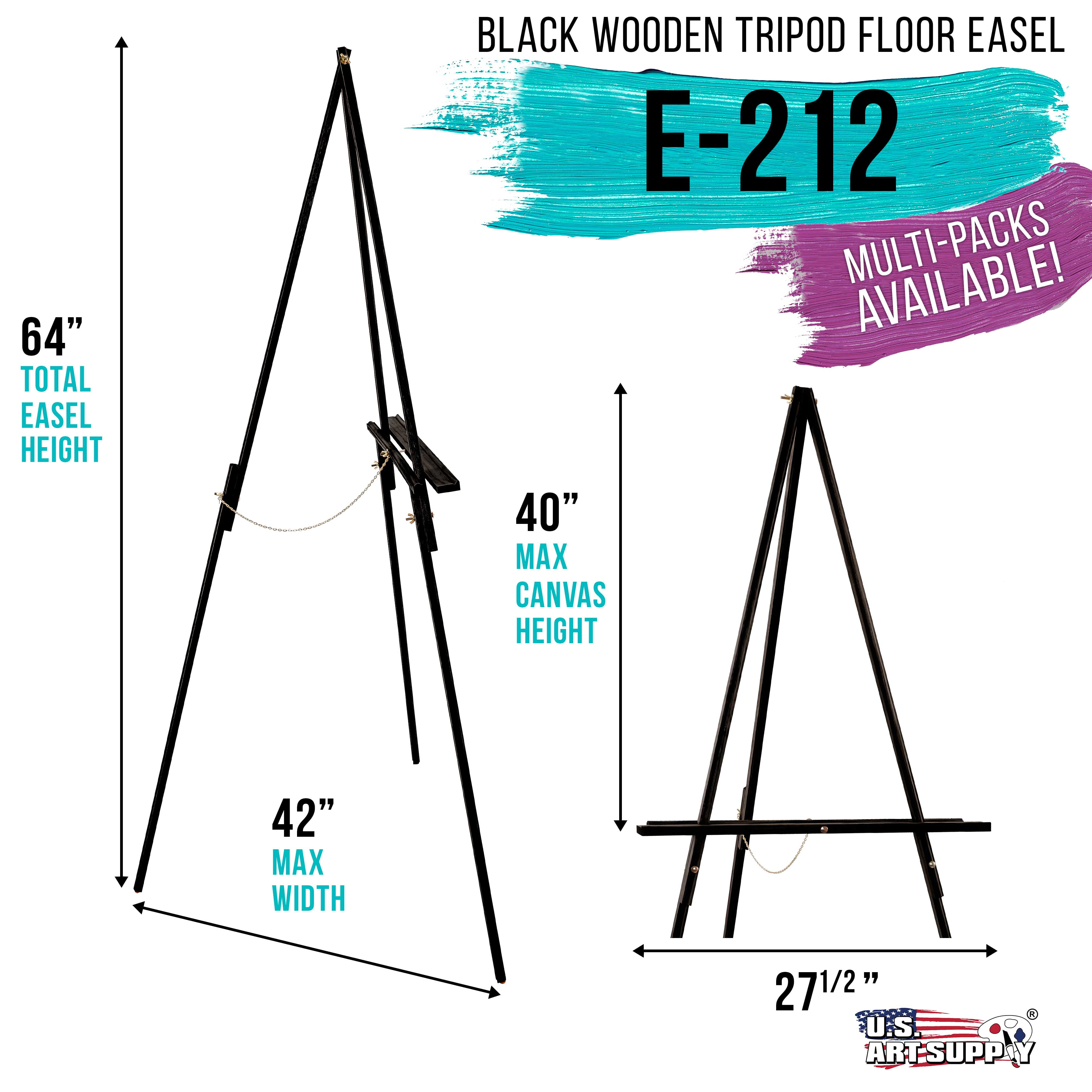 U.S. Art Supply 64" Black Torrey Wooden A-Frame Tripod Artist Floor Easel, Adjustable Tray Height, Display Holder Stand