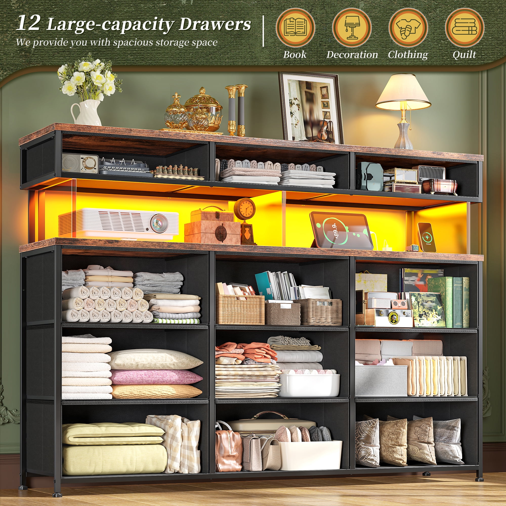 Romorgniz Dresser for Bedroom with 12 Fabric Drawers Wide Dresser with LED Lights & Charging Station Chest of Drawers with Acrylic Sheet, Rustic Brown