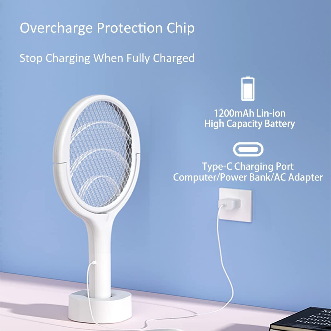 Rotating Head Electric Fly Swatter Racket Rechargeable Bug Zapper Racket Bug Zapper Indoor Fly Zapper Mosquito Zapper Flies Killer for Indoors, with a Telescopic Extension