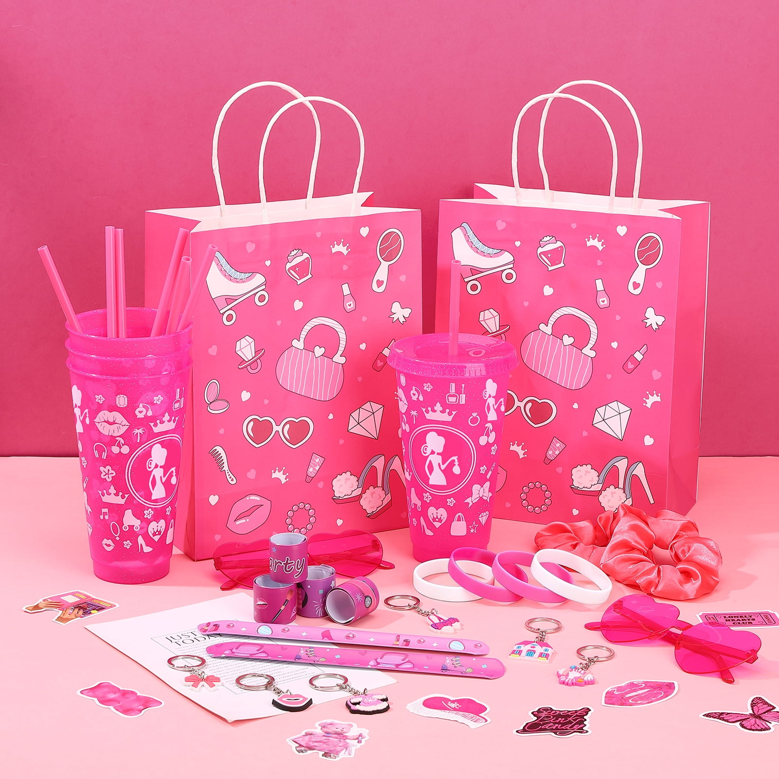 sixwipe 134 Pcs Princess Party Favor Set, Pink Birthday Party Supplies, Treat Box Stuffers Include Customized Plastic Tumblers, Sunglass, Bracelets, Hair Ties for Girl Birthday Supplies