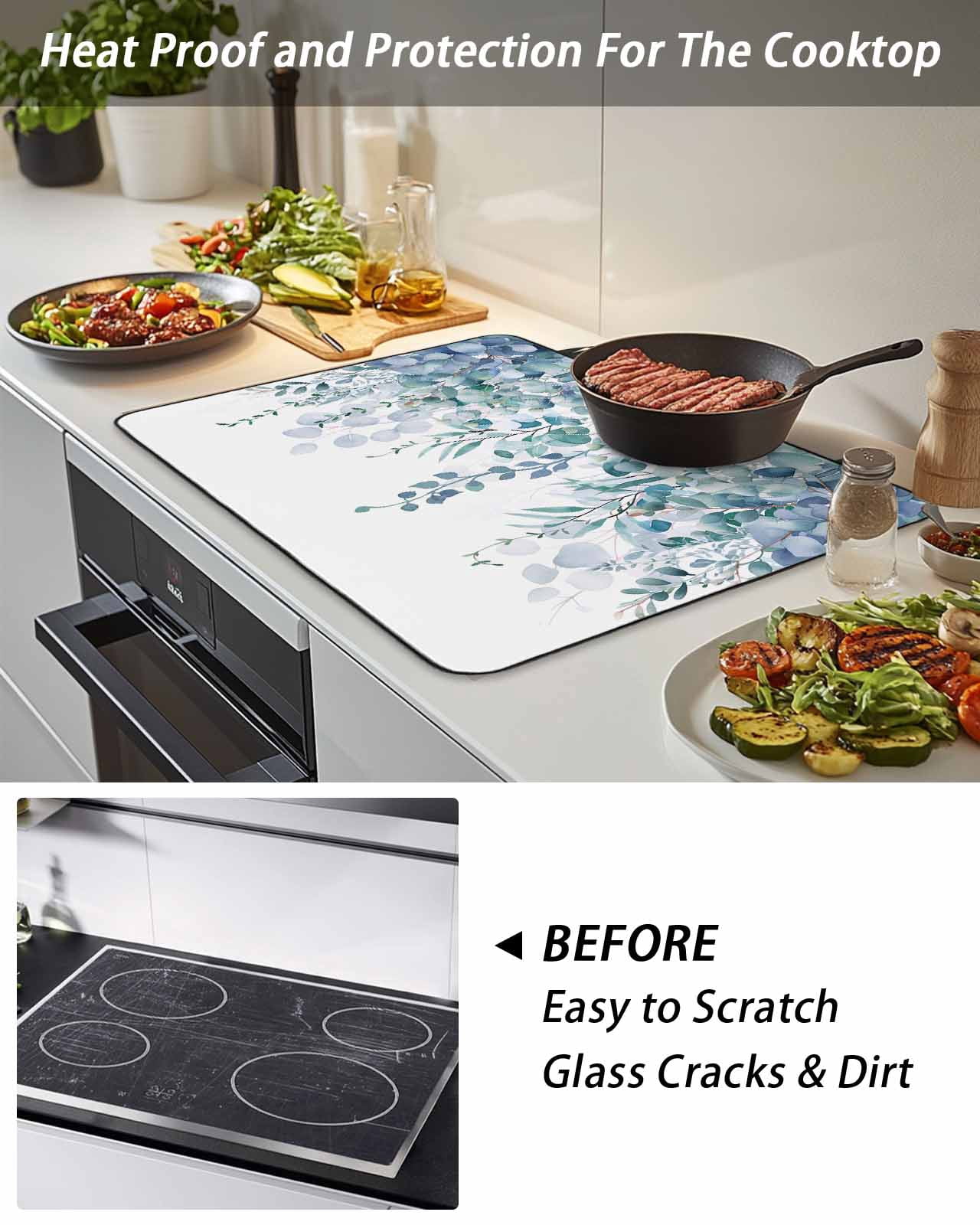 Stove Top Covers for Electric Stove, Teal Blue Eucalyptus Leaves Glass Stovetop Cover Protector, Spring Floral Summer Botanical Induction Cooktop Protector Oven Mat for Kitchen Countertop 28.5"x20.5"