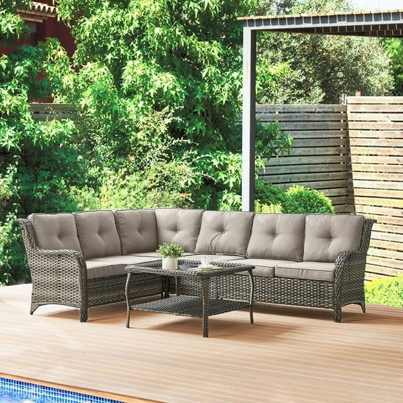 PARKWELL Outdoor Patio Furniture Set,All-Weather Conversation L-Shaped Sectional Sofa with Coffee Table and No-slip Thick Cushions,Backyard Porch Garden Poolside Balcony Set,Gray Cushions Gray Wicker