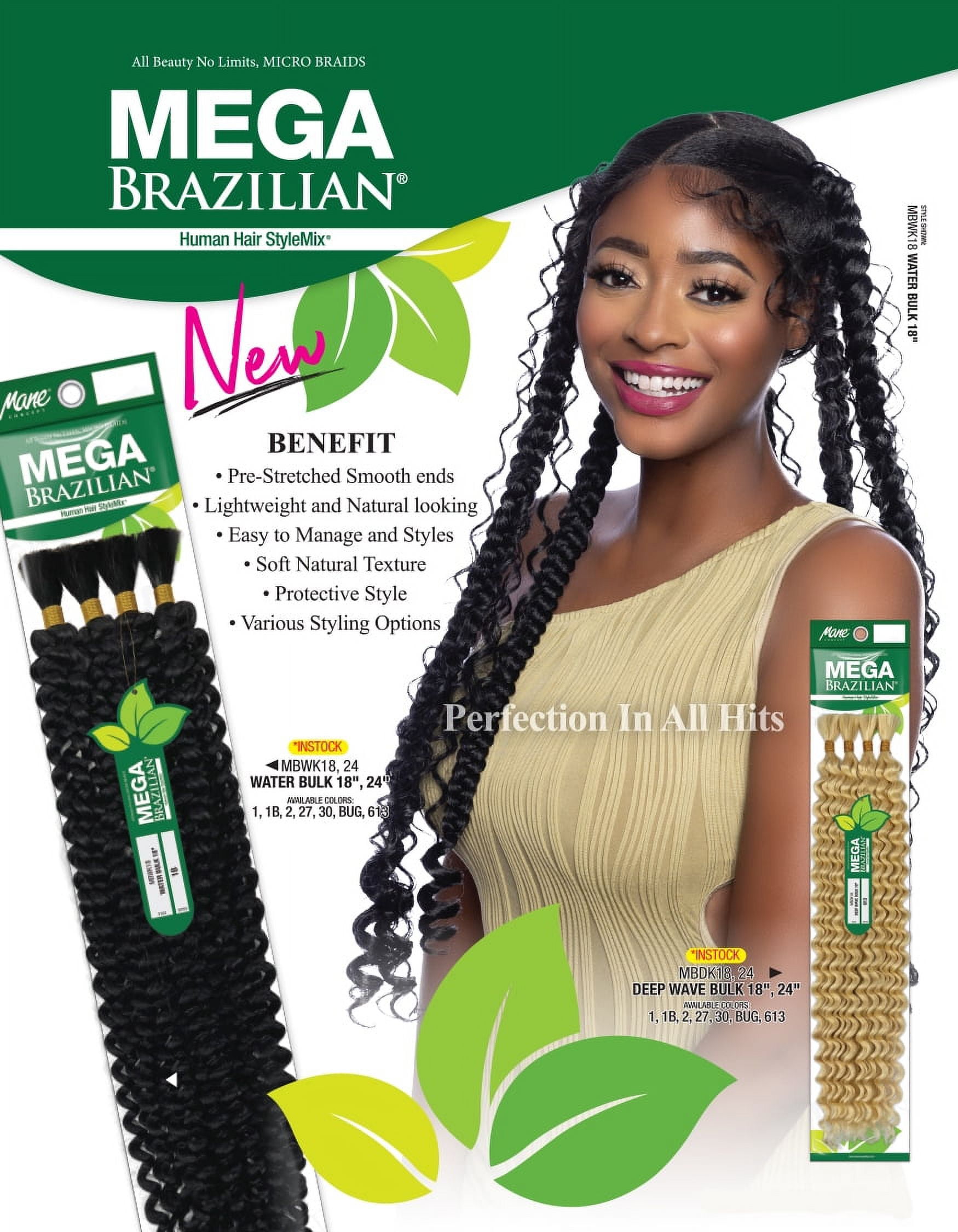 Mane Concept Mega Brazilian Human Hair Blend Micro Braiding Hair Extension  - DEEP WAVE BULK 24 (1B) 