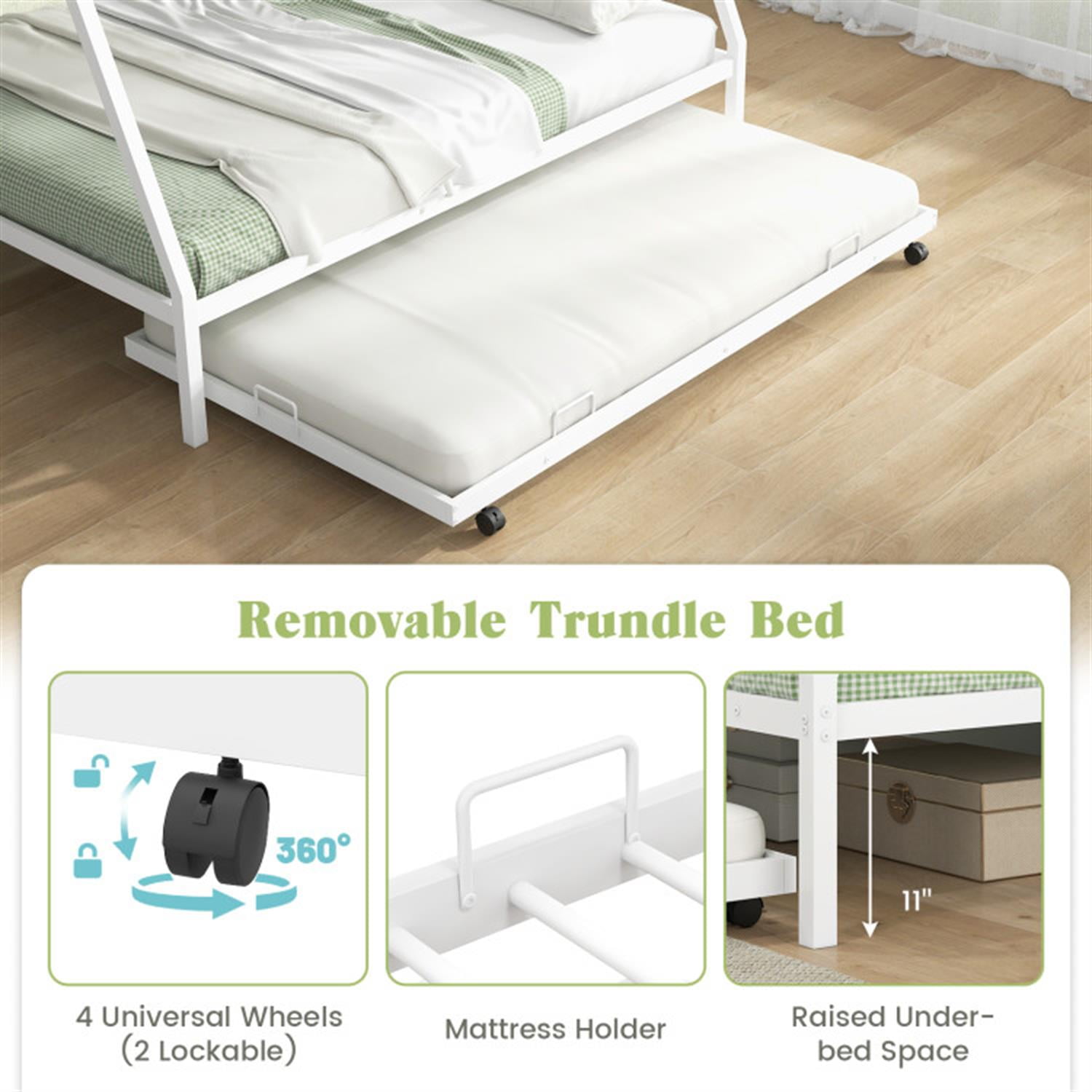 Demi Bonn Twin Pull-Out Bunk Beds with Ladder in the Steps and a Trundle for Guest Room, Full Convertible Bunk Bed Platform, White