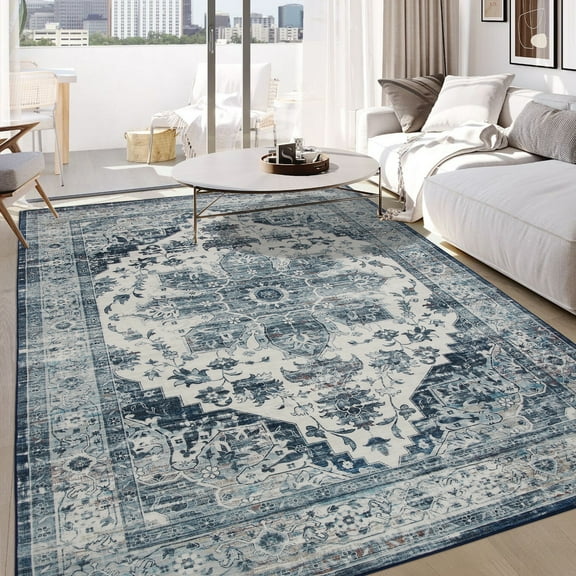 Haperlare Classic Persian Rug Washable Oriental Design Indoor Floor Covering Soft Velour Rug for Living Room Bedroom, 9' x 12' Blue