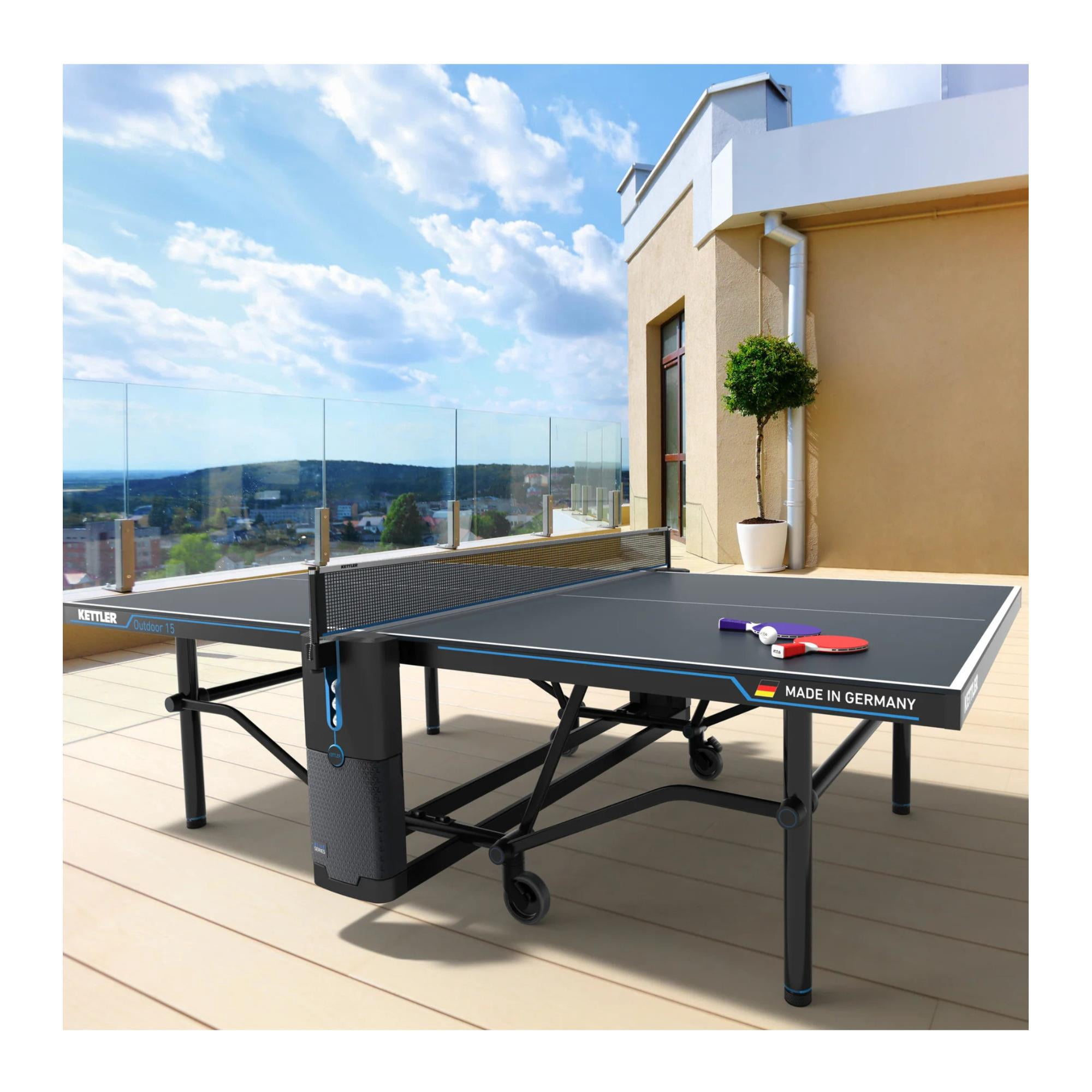 Kettler Outdoor 15 Table Tennis Table with One-Handed Folding Mechanism and Enclosed Racket Storage Compartment