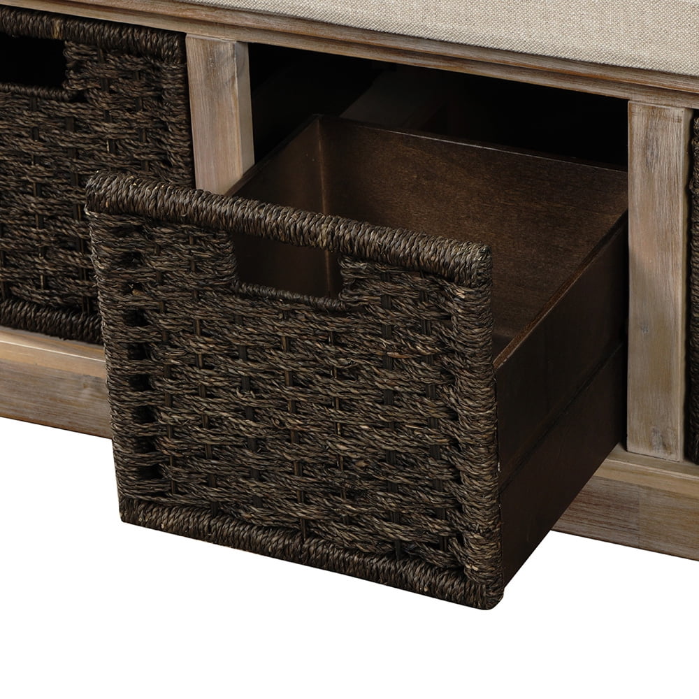 Lowestbest Solid Wood Storage Bench, Entryway Bench with 3 Removable Classic Fabric Basket, Storage Bench with Removable Cushion, White Lowestbest Solid Wood Storage Bench, Entryway Bench with 3 Removable Classic Fabric Basket, Storage Bench with Removable Cushion, White