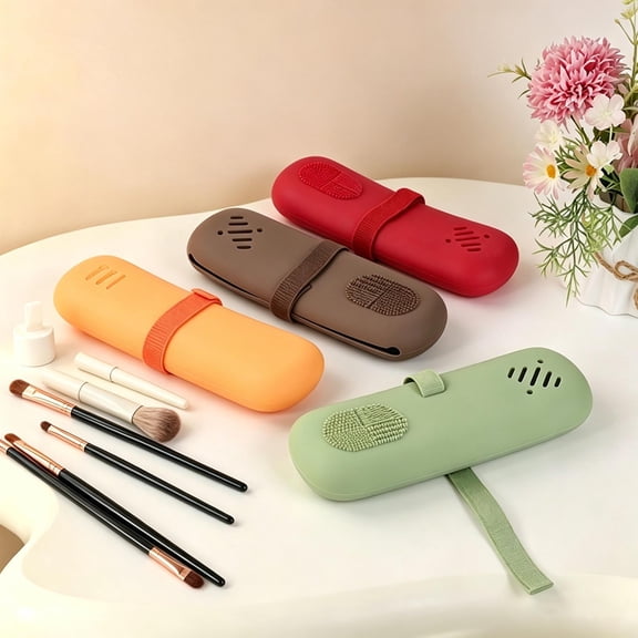 Travel Makeup Brush Holder Pouch, Silicone Cosmetic Organizer with Cleaning Panel for Dust-Proof Storage