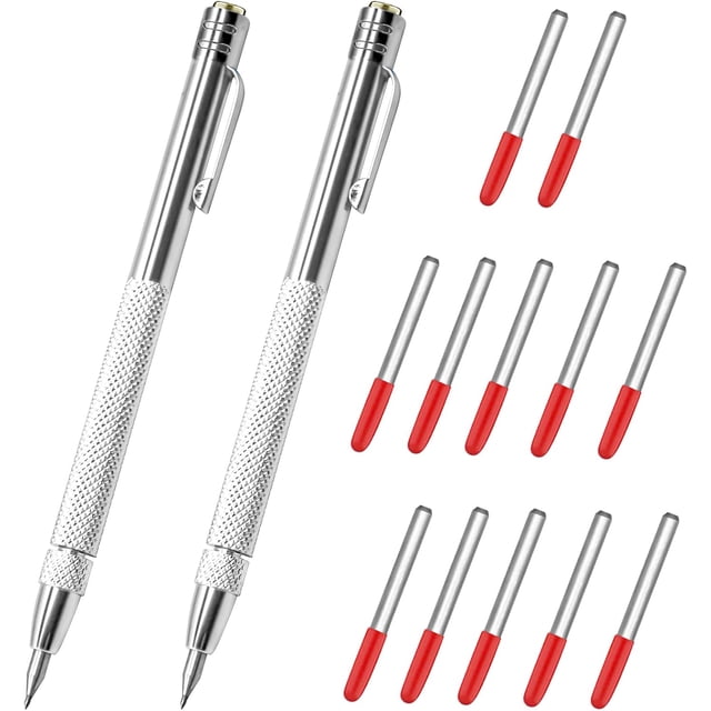 EcoNesxp Hardened Tungsten Carbide Tip Scriber 12 Replacement Marking Tips Metal Engraving Pen for Glass 2 Pack Tungsten Carbide Tip Scriber Aluminum Magnet Carbide Scribing Tool Etching Pen with Cli
