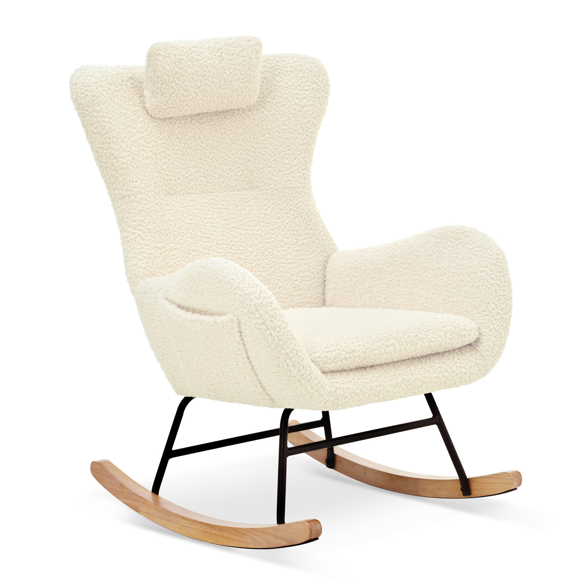 New Rocking Chair Nursery, Teddy Upholstered Rocker Glider Chair with High Backrest, Adjustable Headrest & Pocket, Comfy Glider Chair for Nursery, Bedroom, Living Room, Offices, Rubber wood, beige