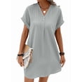 thumbnail image 2 of Summer Dresses for Women 2025 Casual Button V Neck Short Sleeve Tunics A Line Ribbed Mini T Shirt Dress Silver L, 2 of 7
