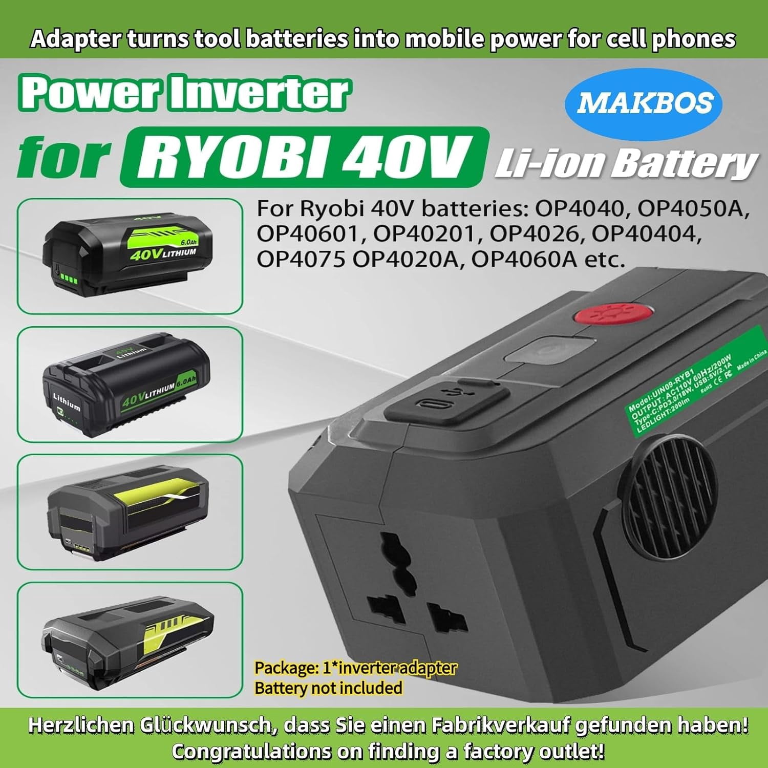 for Ryobi 40V Battery Adapter 200W Power Inverter Generator,for Ryobi USB Charger DIY Adapter,for Ryobi Top Off Inverter Portable PowerSource