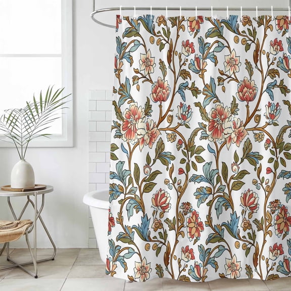 Red Floral Shower Curtain Set, Waterproof Shower Curtains for Bathroom, Botanical Watercolor Vintage Flower Leaf Washable Fabric Cloth Bath Curtain for Bathtub Decoration with Hooks 60x72 Inches