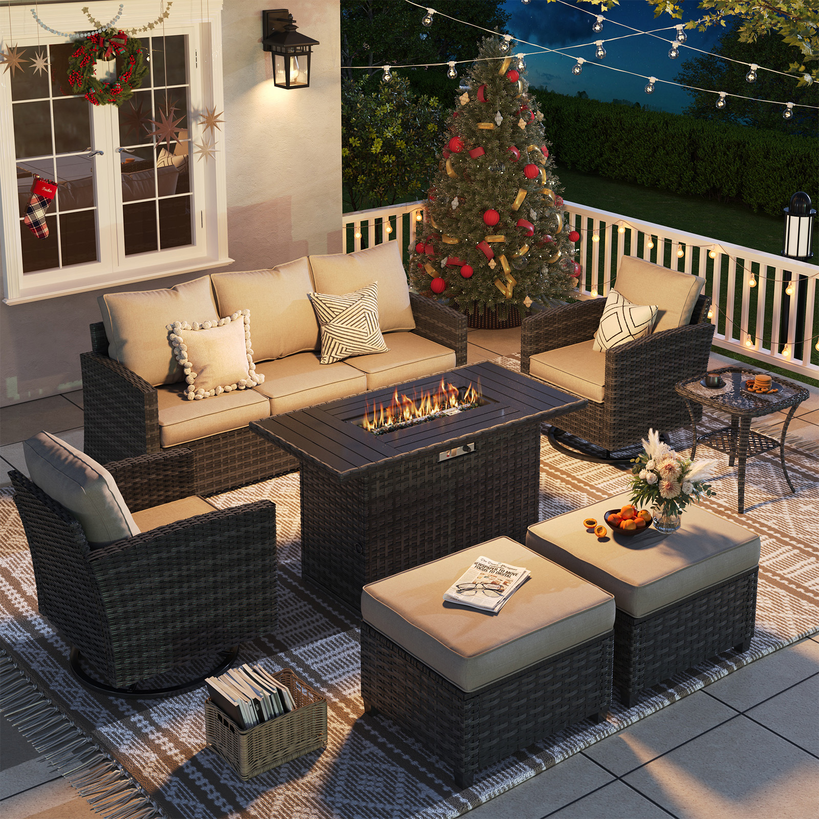 ELPOSUN Patio Furniture Set, 7 Pieces Outdoor Patio Set, All-Weather Wicker Rattan Outdoor Furniture Set with Fire Pit Table & Swivel Chairs for Poolside, Backyard, Khaki