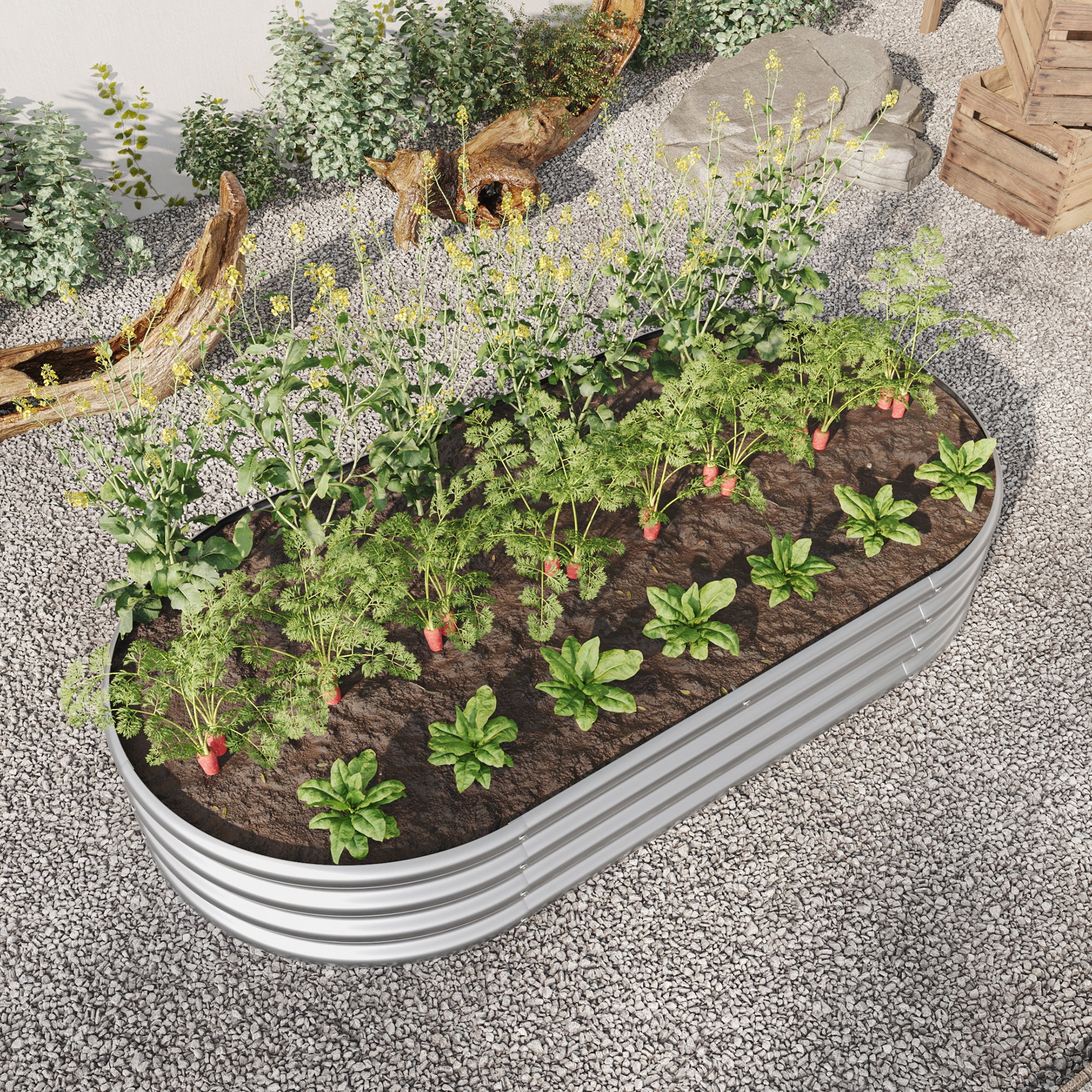 Miniyam 5.9×2.95×0.95ft Metal Raised Garden Bed, Oval Raised Planter for Flowers Plants, Vegetables Herb, Silver