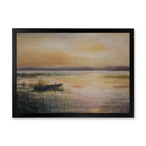Designart 'Pastel Boat Sunset Over The Lake' Nautical & Coastal Framed Art Print