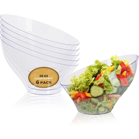 6 Pack Large Plastic Bowls - Premium Clear bowls - Plastic Serving Bowls Heavy Duty For Weddings Catering, Parties, And All Occasions 36 Oz (Clear, Large)
