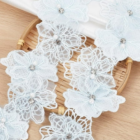 3 Yards 3D Flower Lace Trim Ribbon with Rhinestone Pearl Beaded Double Layer Floral Applique Embroidered Lace Fabric Gauze Blossom Lace for Sewing Clothes Wedding Dress DIY Crafts (Blue)