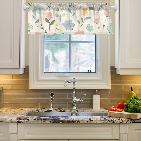 Colorful Flowers with Leaves Curtain Valances Farmhouse Design Window Treatment Decor Blackout Rod Pocket for Windows Living Room Kitchen 54" x 18"