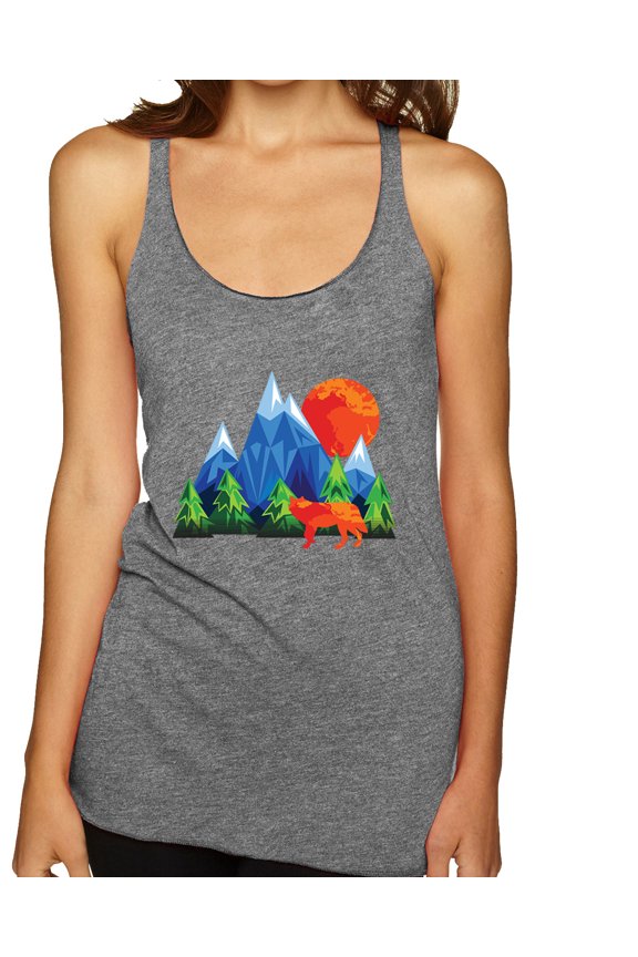 Neon Colorful California Bear Sunset Cali Redwoods | Womens Fashion Premium Tri-Blend Racerback Tank Top, Premium Heather, Large