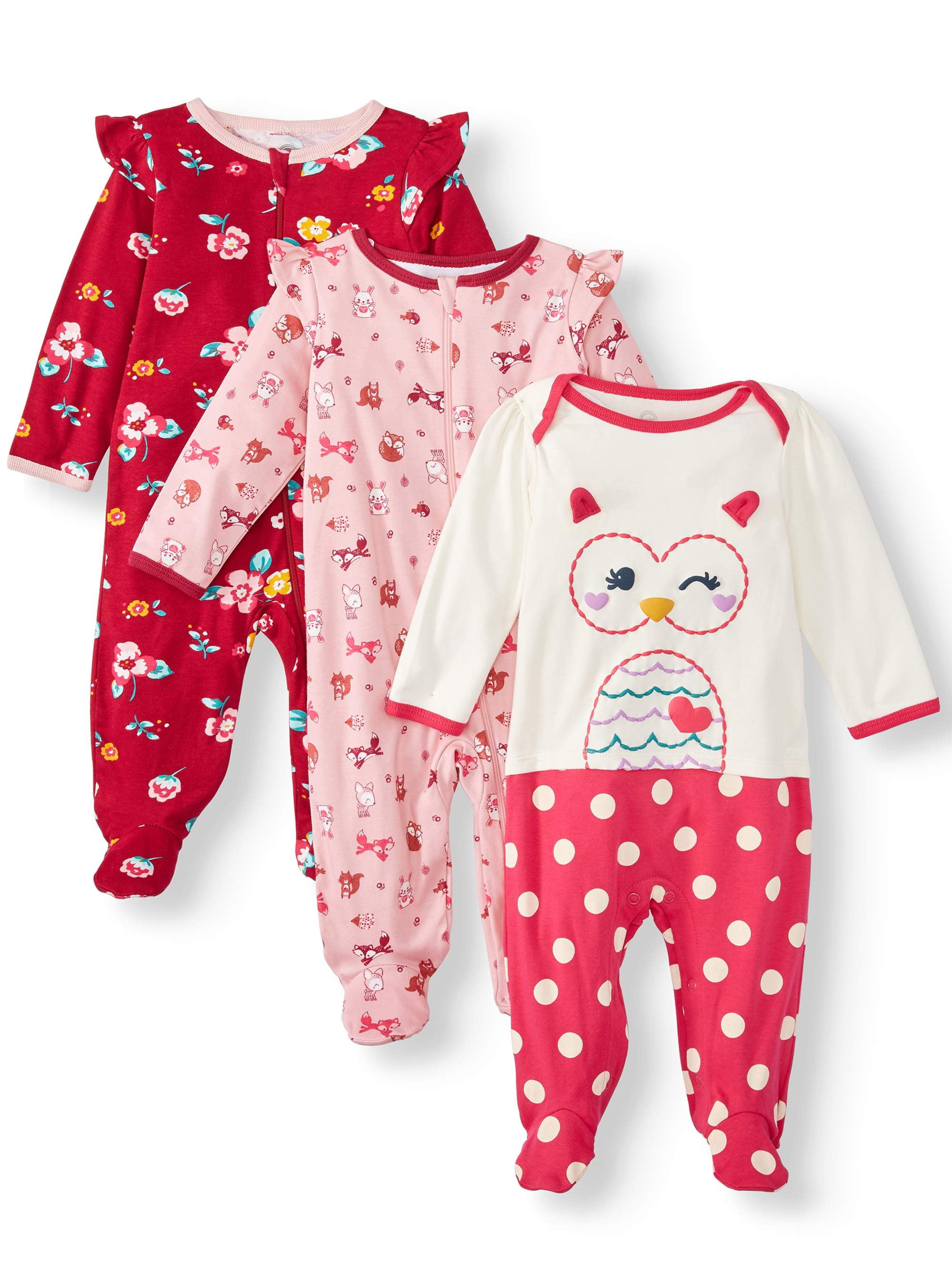 Wonder Nation Baby Girl Inverted Zipper Sleep 'N Play Pajamas, 3Pack