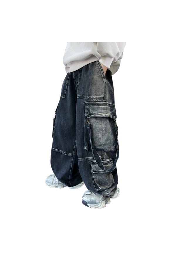 Boys Cargo Jeans Steampunk Patchwork Goth Baggy Denim Pants for Kids Trendy Flap Pockets Trousers Teens Vintage Skateboard Streetwear