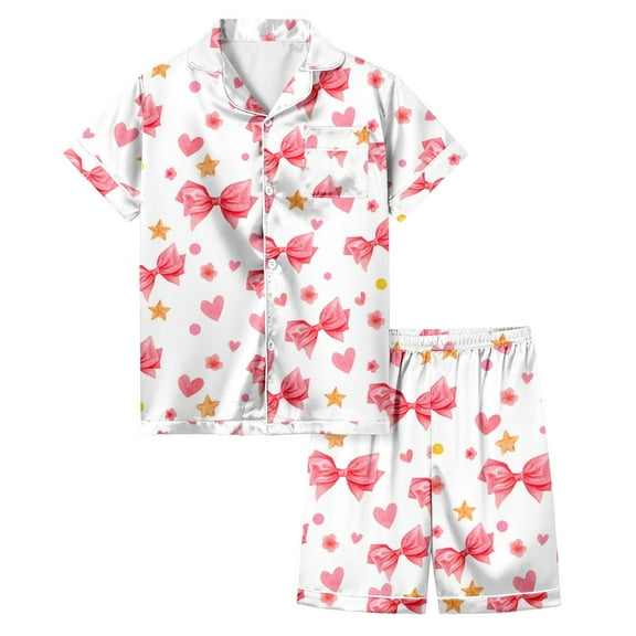 Wxolcjlv Toddler Girls Pajama Sets Bowknot Printed Short Sleeved Button Top And Shorts With Pocket Set Kids Girls Summer Soft Lightweight Breathable Pajama Sets,2 Piece,3 -4 Years