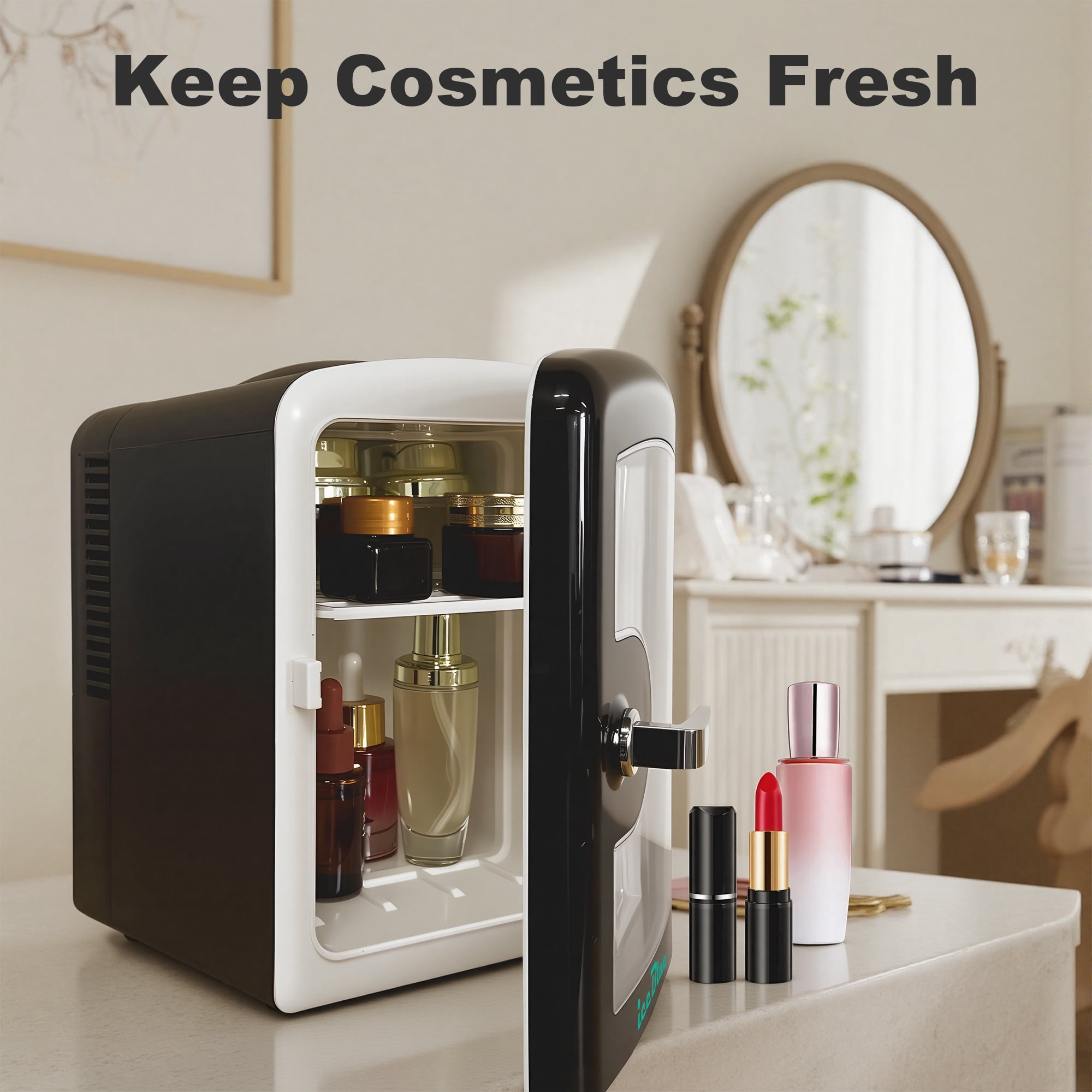 iceBlue 4L Mini Fridge for Cosmetics and Drinks, Car/Home Use (Black), Skincare Refrigerator, Transparent Window and Retro Chrome Handle