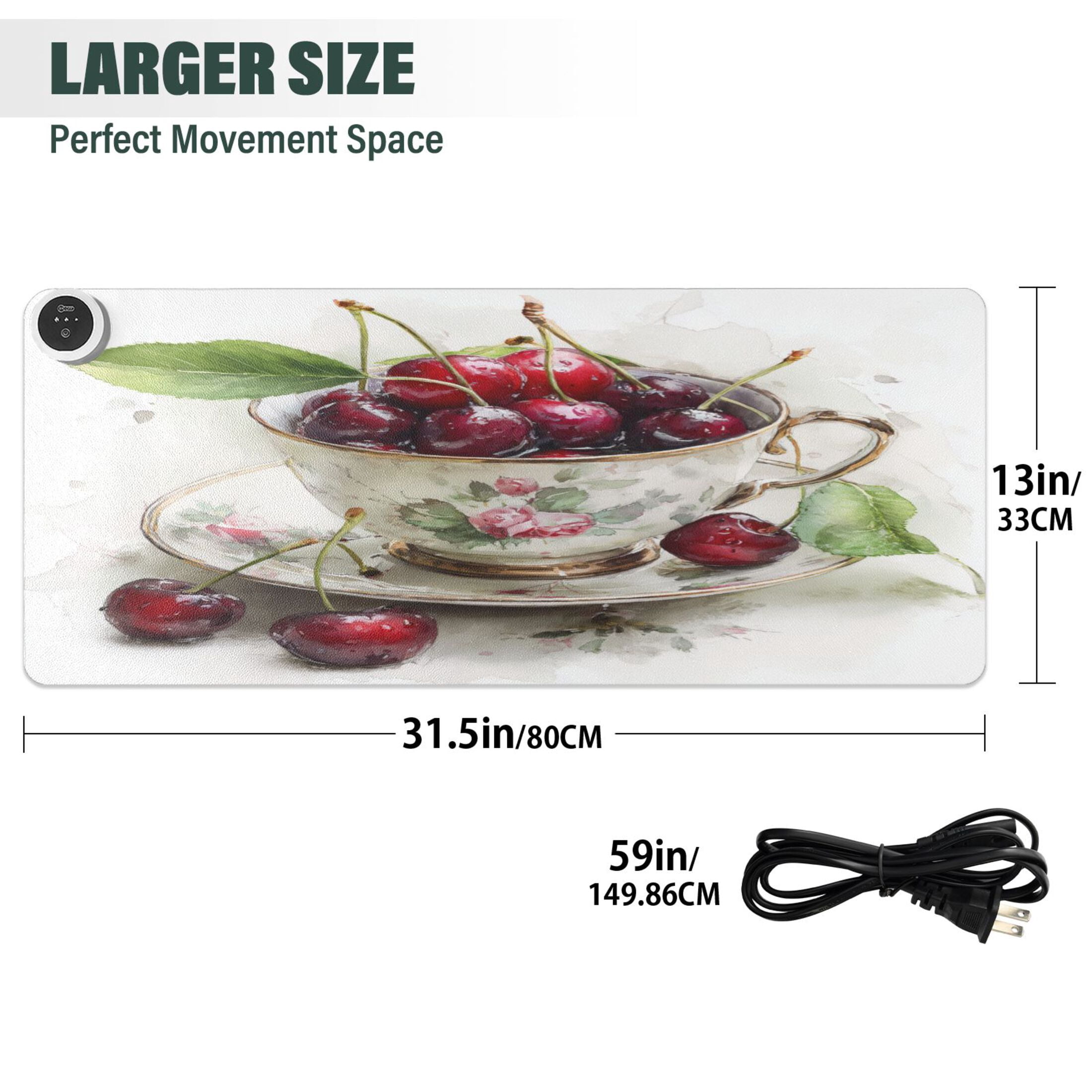 Large Heated Desk Mat Mouse Pad 31.5"x13"PU Leather Graphene Heating Desk Warmer with 3 Temperature Settings 110V US Plug Non-Slip Warm Pad for Home, Office, and Gaming Teacup Filled with Cherries