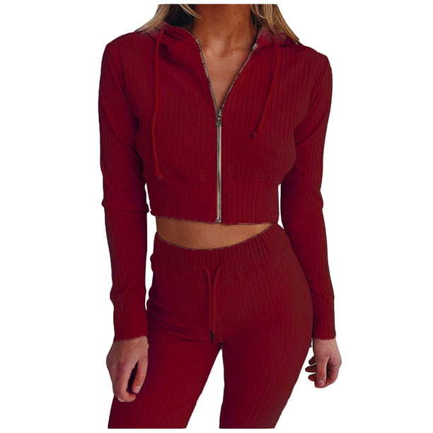 Mujeres Sexy Casual Cuello en V Sólido Deportes Manga completa Cremallera Pantalones con capucha Traje Fridja hfkajh99924